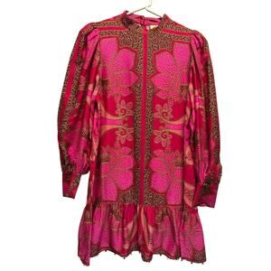Farm Rio Floral Glam Scarf Pink Mini Dress Size Small NWT Puff Sleeve Ruffle Hem